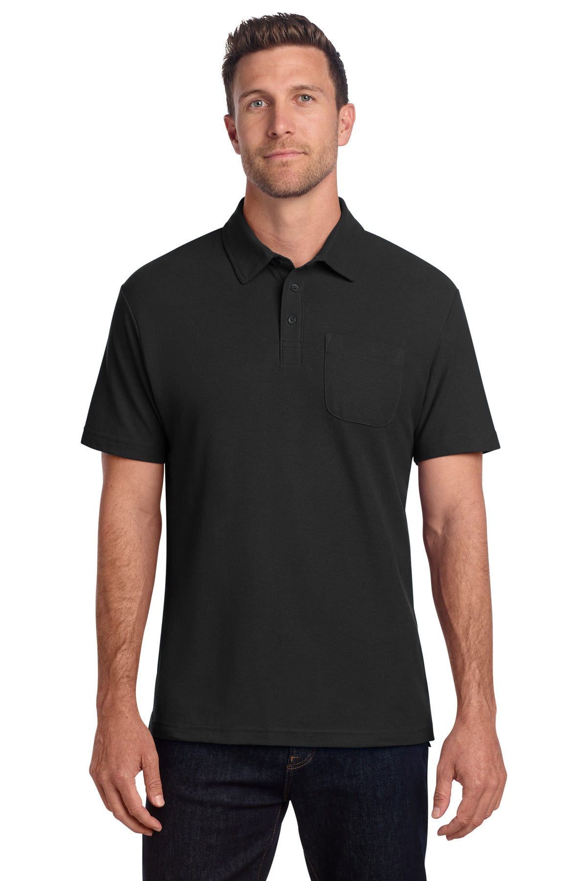 Custom logo Port Authority® C-FREE® Cotton Blend Pique Pocket Polo K868 in Black