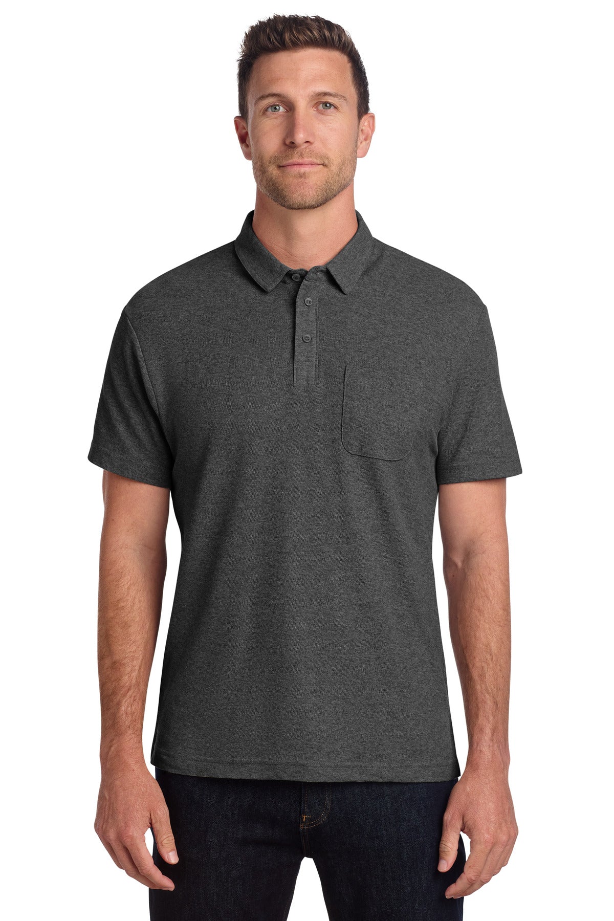 Custom logo Port Authority® C-FREE® Cotton Blend Pique Pocket Polo K868 in Charcoal Heather