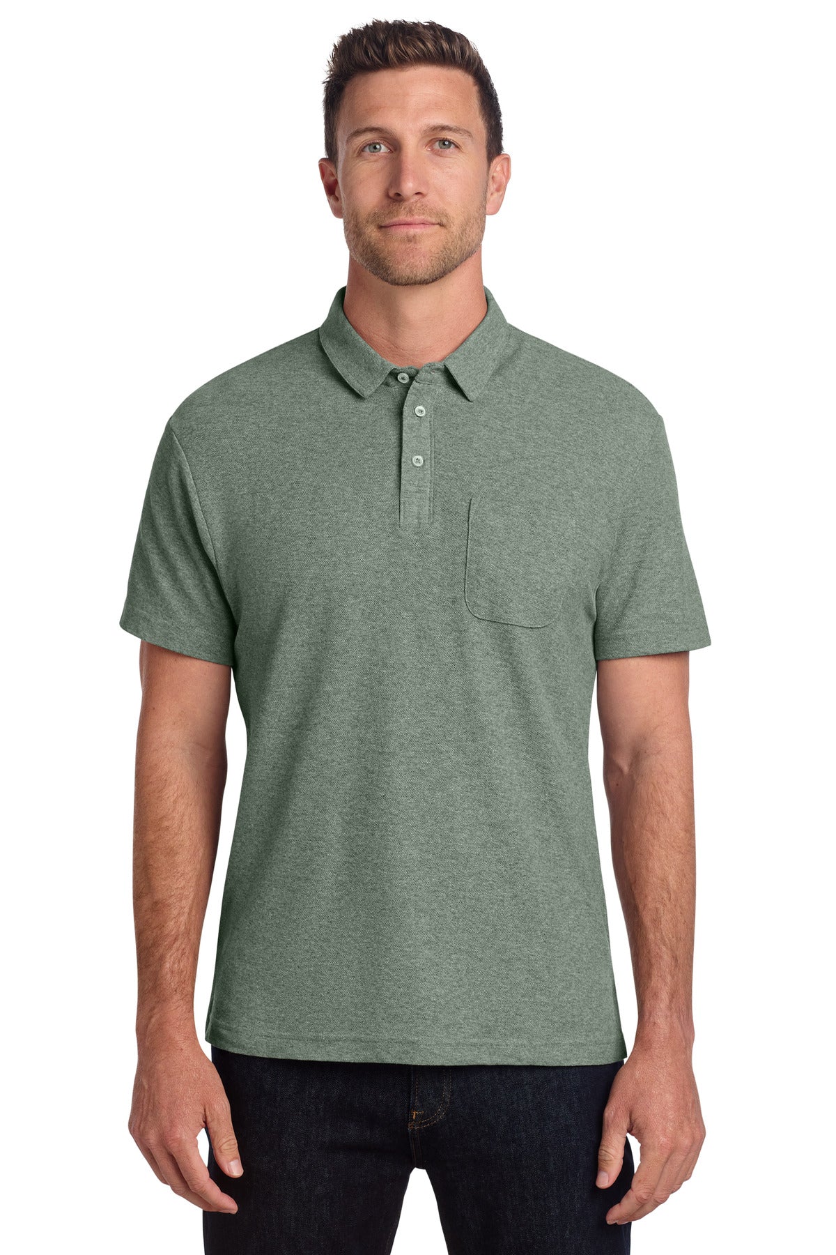 Custom logo Port Authority® C-FREE® Cotton Blend Pique Pocket Polo K868 in Dark Green Heather