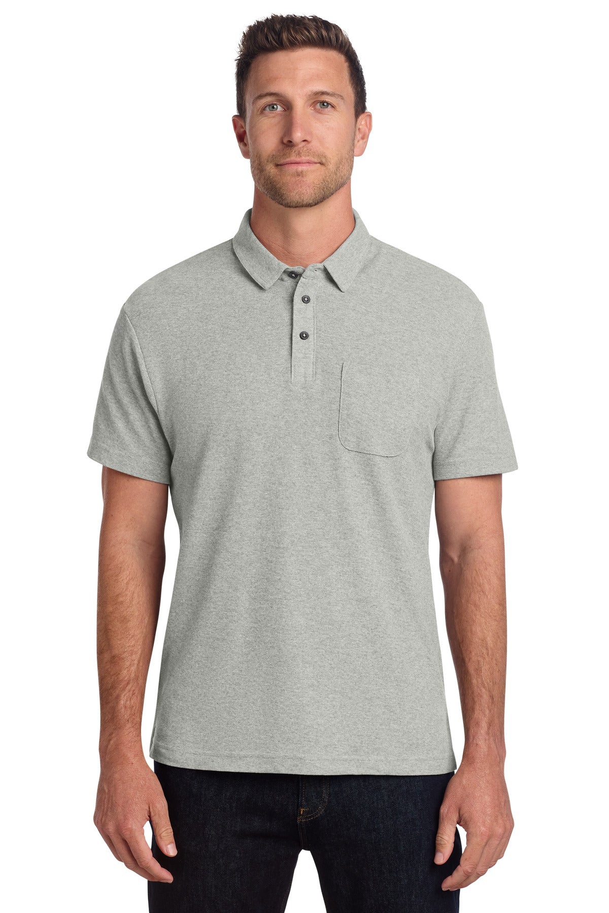Custom logo Port Authority® C-FREE® Cotton Blend Pique Pocket Polo K868 in Deep Smoke Heather