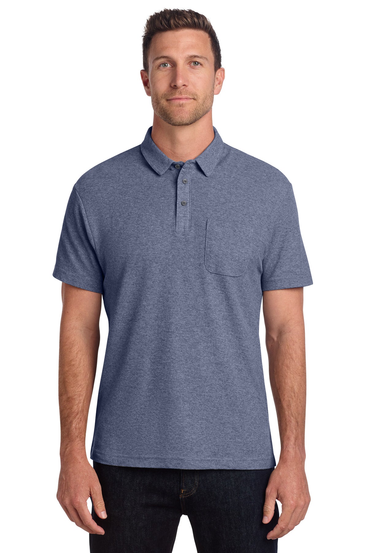 Custom logo Port Authority® C-FREE® Cotton Blend Pique Pocket Polo K868 in Navy Heather