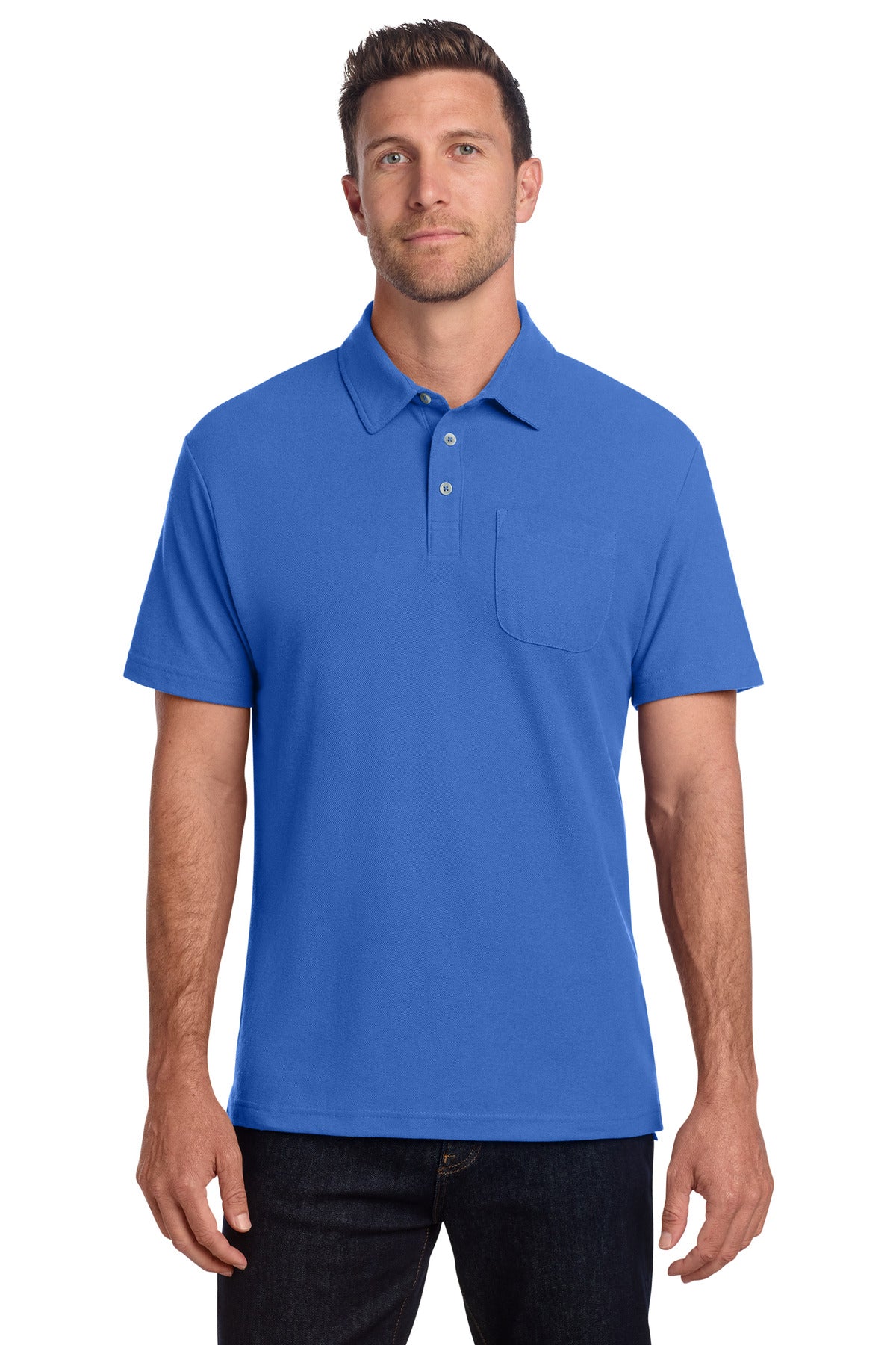 Custom logo Port Authority® C-FREE® Cotton Blend Pique Pocket Polo K868 in True Blue