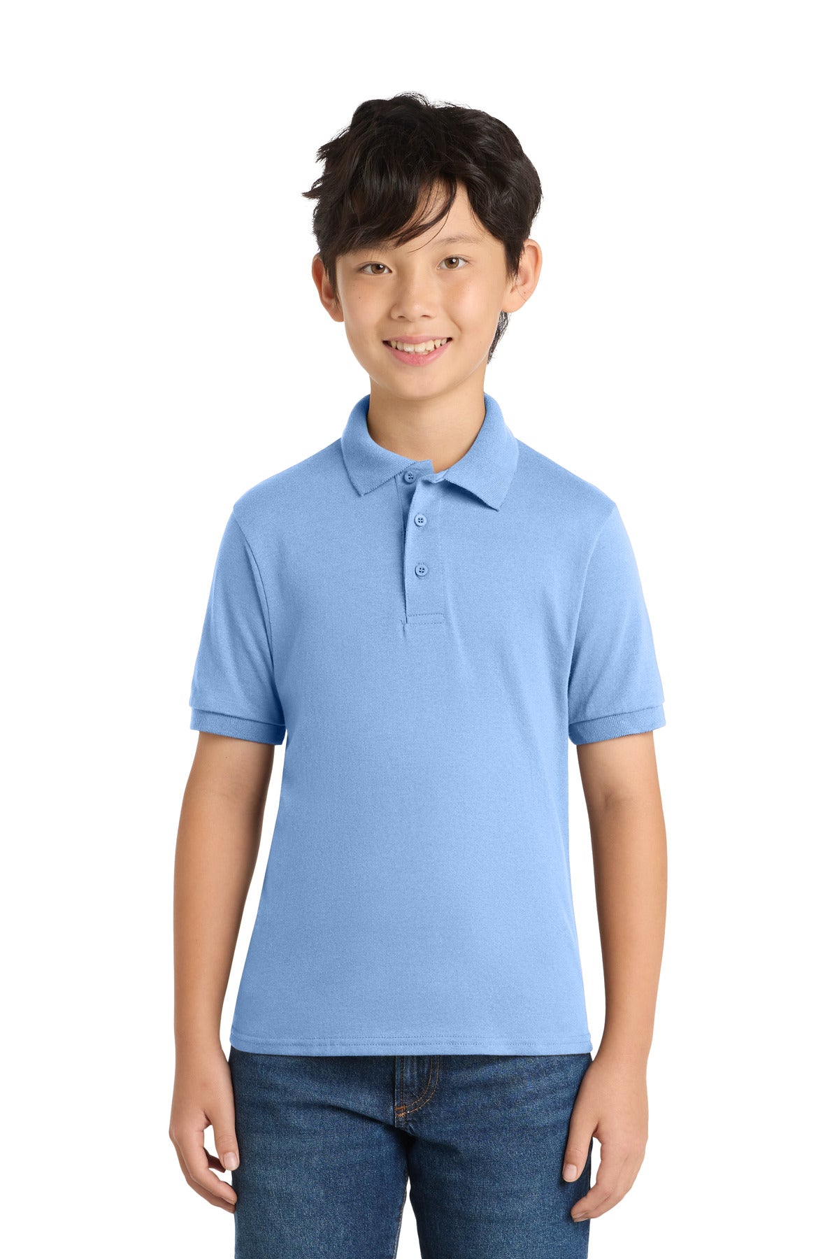 Custom logo Port & Co® Youth Core Blend Jersey Knit Polo. KP55Y in Light Blue