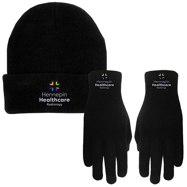 Knit Rolled Cuff Beanie and Text Gloves Combo
