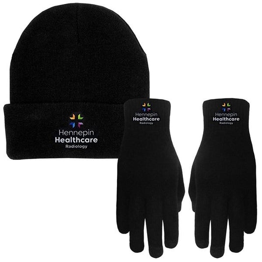 Knit Rolled Cuff Beanie and Text Gloves Combo