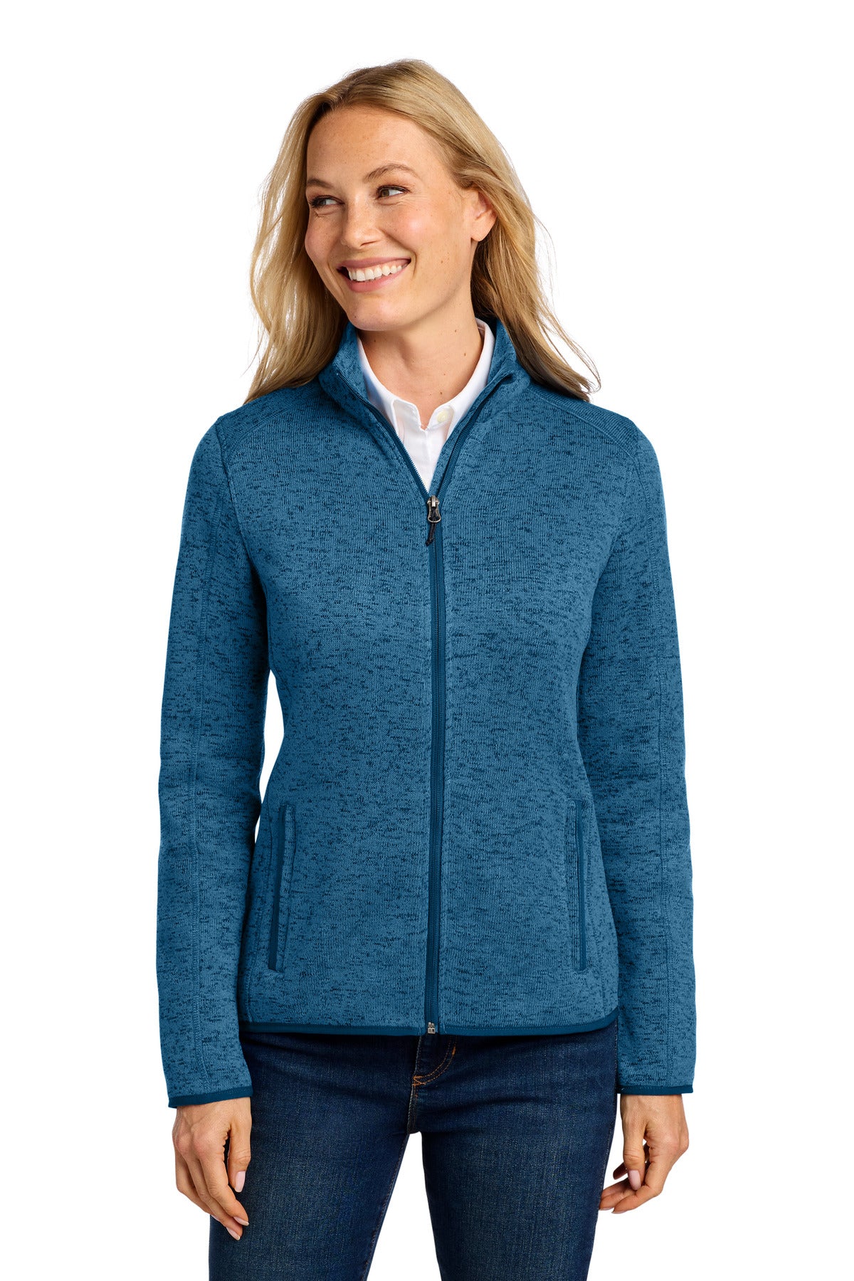 Custom logo Port Authority® Women's Sweater Fleece Jacket. L232 in Medium Blue Heather