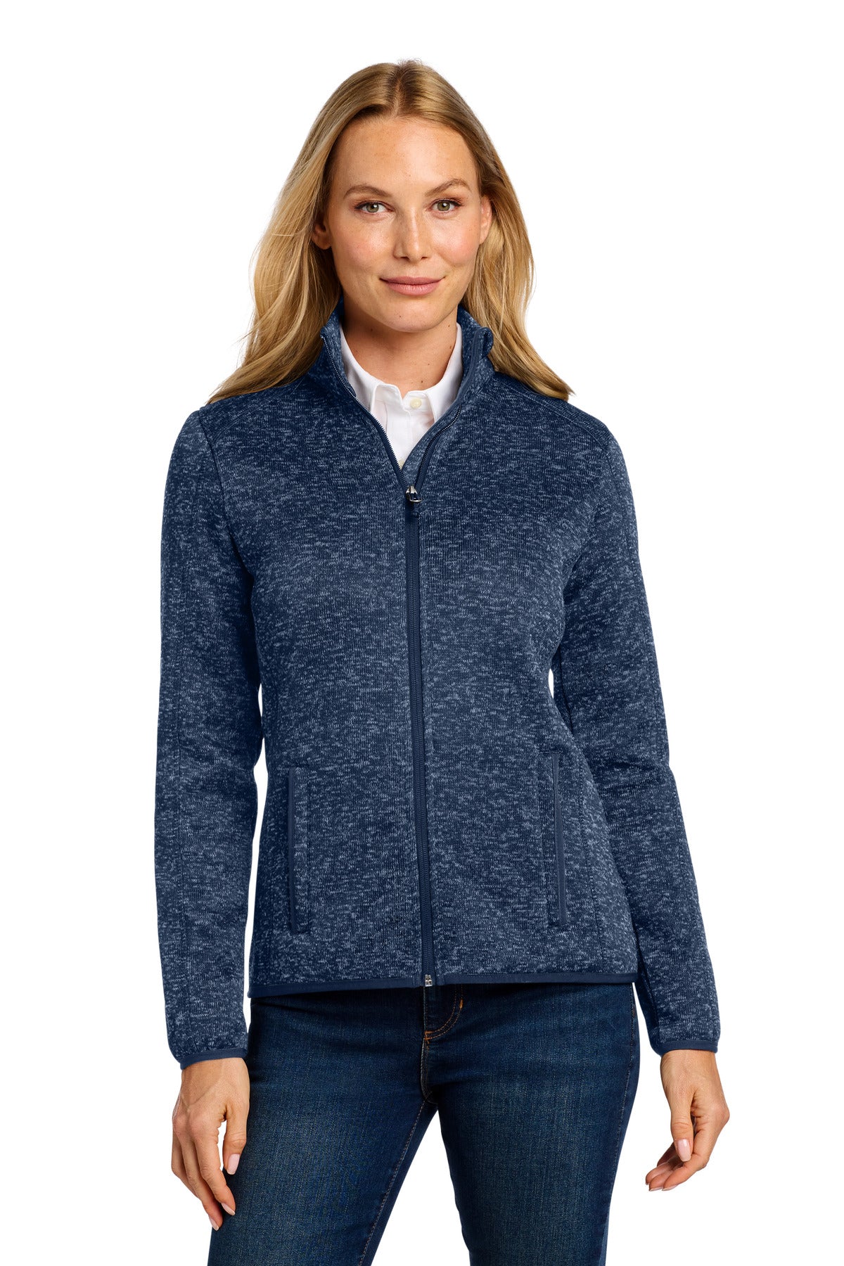 Custom logo Port Authority® Women's Sweater Fleece Jacket. L232 in River Blue Navy Heather