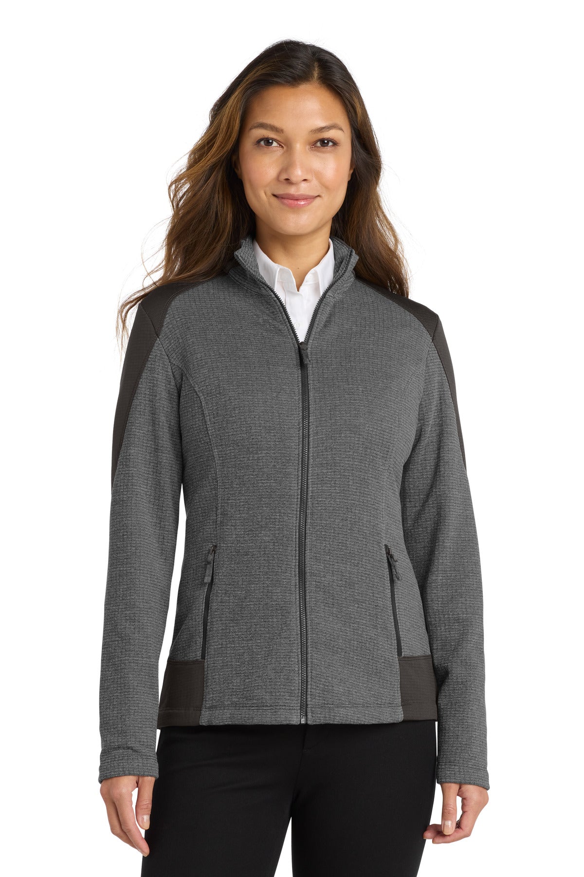 Custom logo Port Authority ® Women's Grid Fleece Jacket. L239 in Grey Smoke Heather/ Grey Smoke