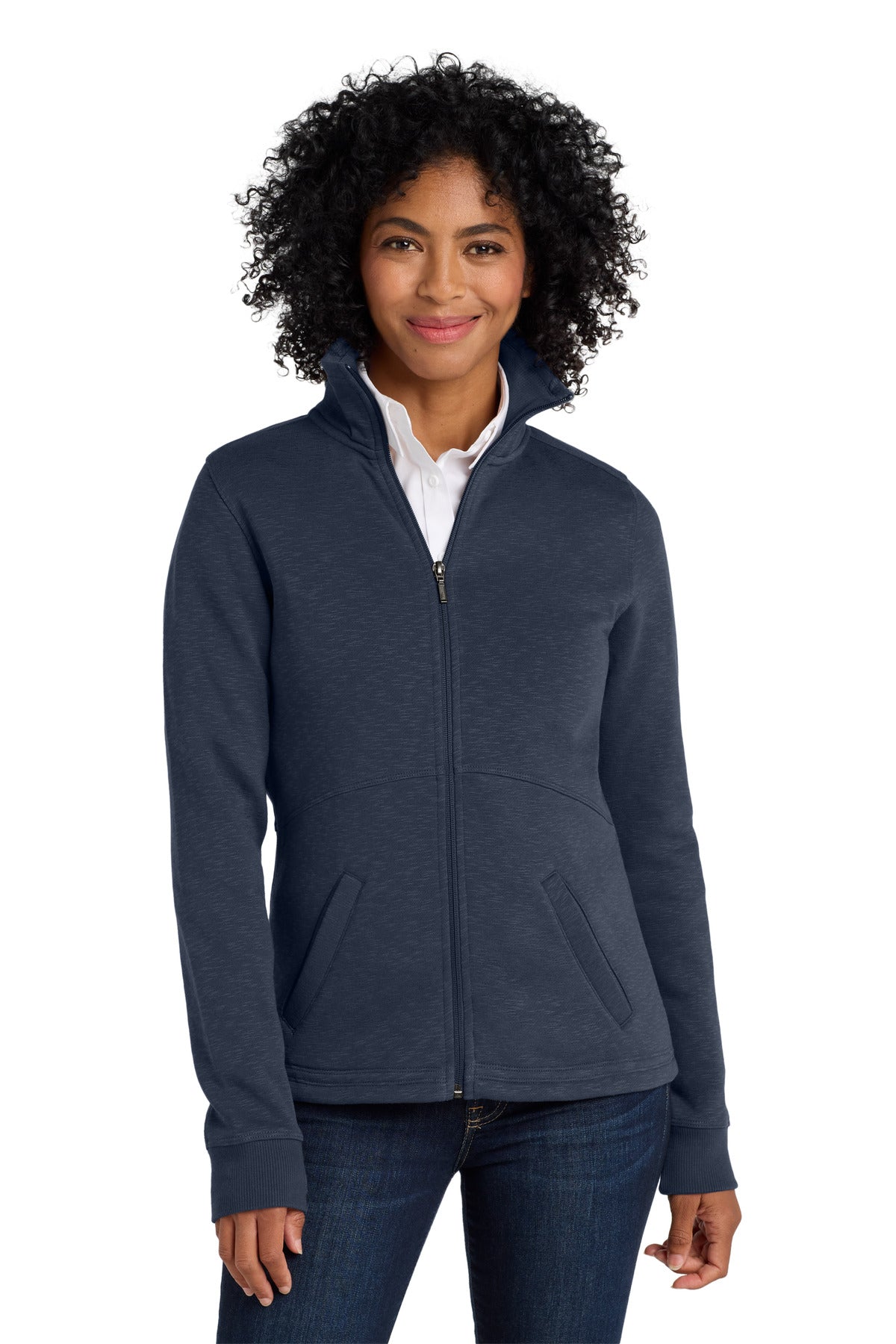 Custom logo Port Authority® Women's Slub Fleece Full-Zip Jacket. L293 in Navy