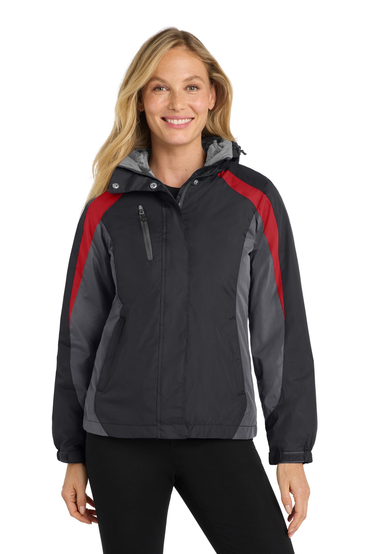 Custom logo Port Authority® Women's Colorblock 3-in-1 Jacket. L321 in Black/ Magnet/ Signal Red