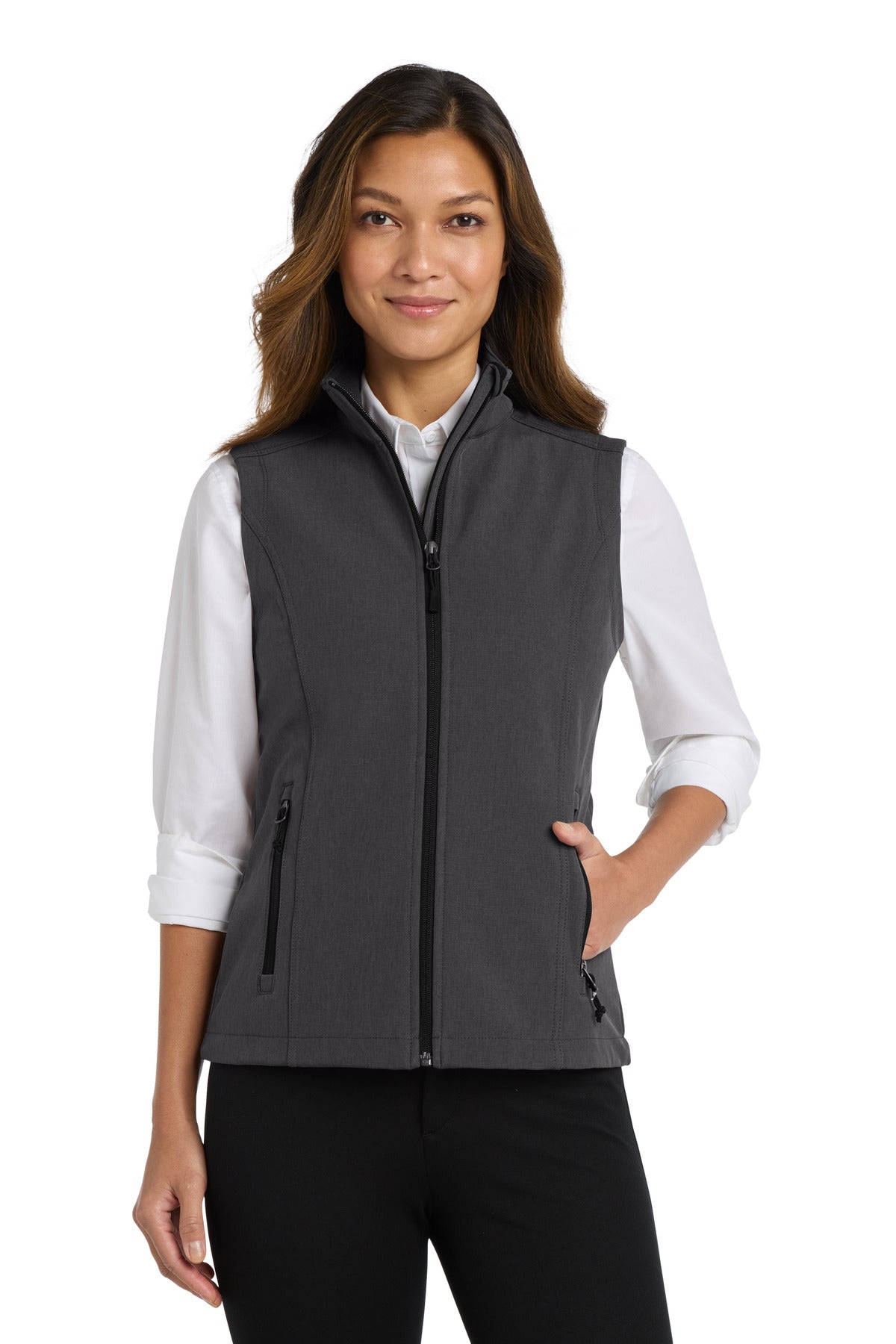 Custom logo Port Authority® Women's Core Soft Shell Vest. L325 in Black Charcoal Heather