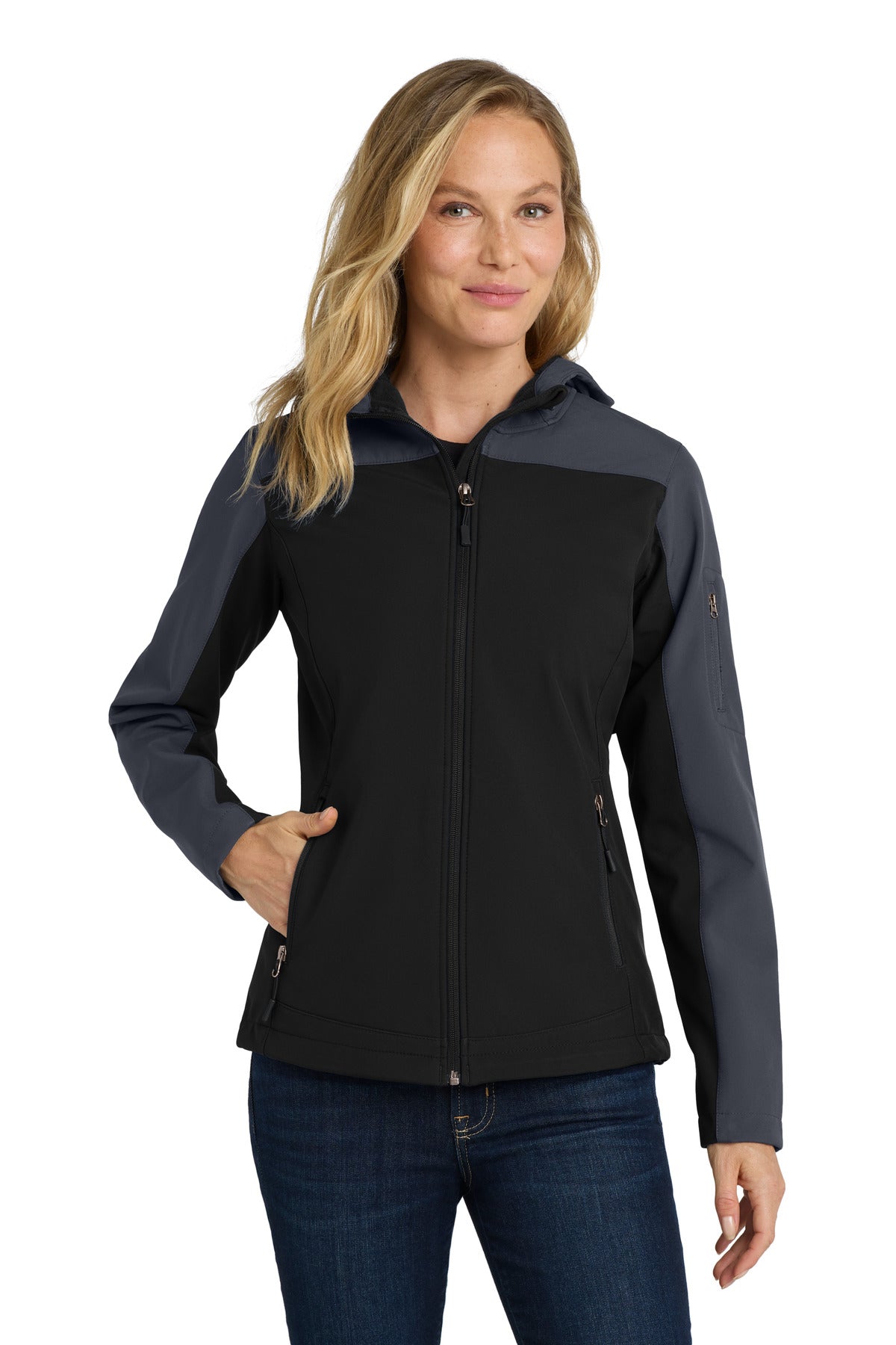 Custom logo Port Authority® Women's Hooded Core Soft Shell Jacket. L335 in Black/ Battleship Grey
