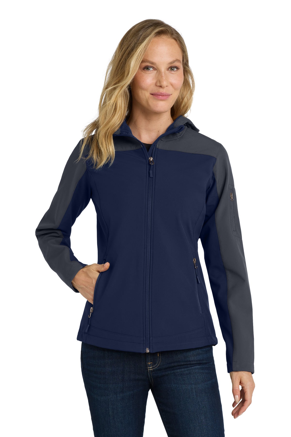 Custom logo Port Authority® Women's Hooded Core Soft Shell Jacket. L335 in Dress Blue Navy/ Battleship Grey