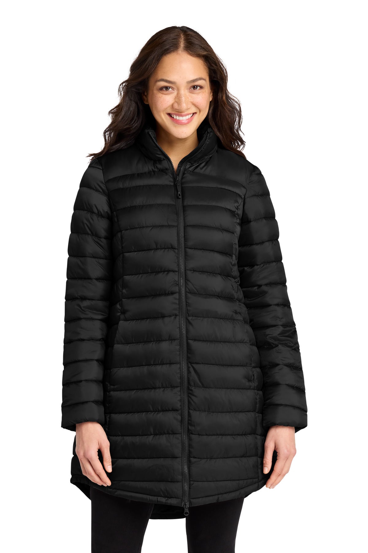 Custom logo Port Authority® Women's Horizon Puffy Long Jacket L365 in Deep Black