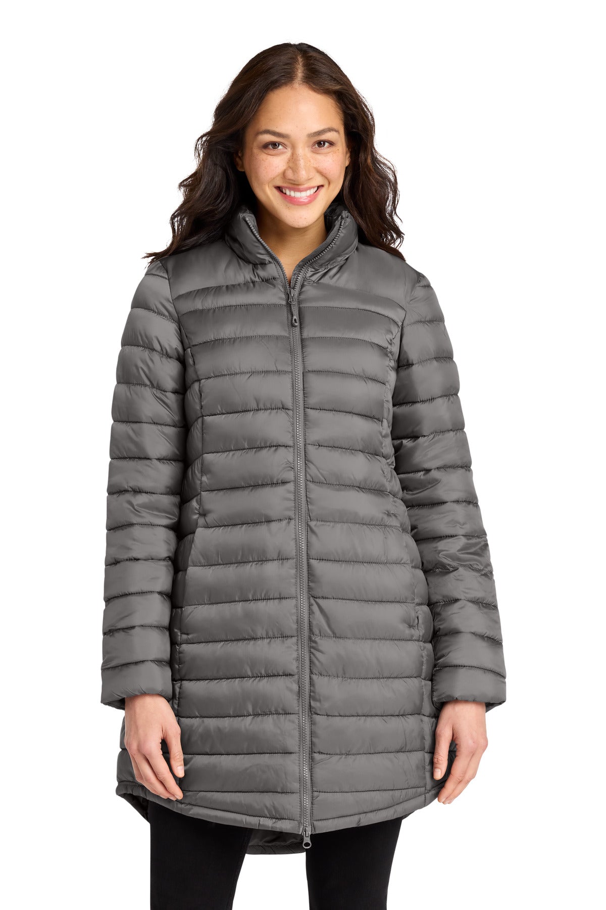 Custom logo Port Authority® Women's Horizon Puffy Long Jacket L365 in Deep Smoke