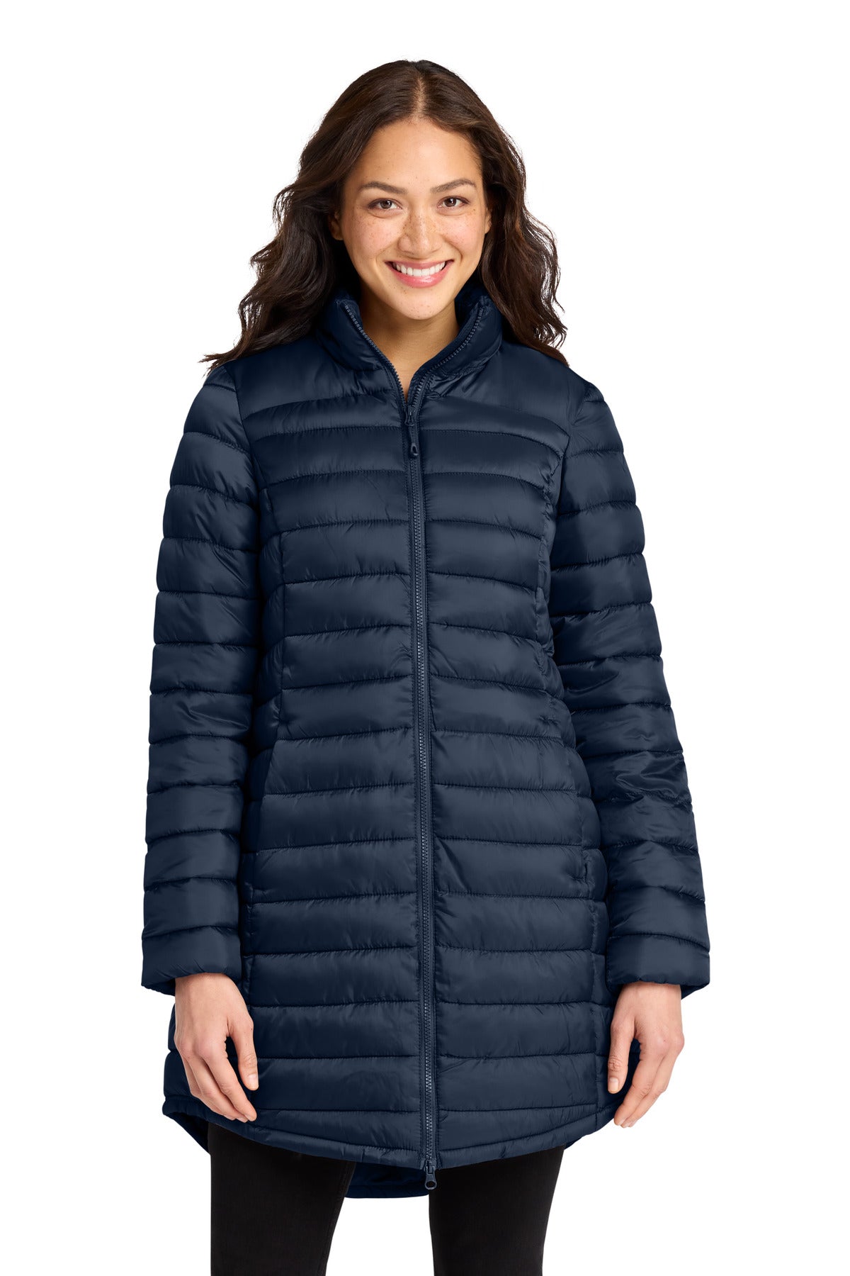 Custom logo Port Authority® Women's Horizon Puffy Long Jacket L365 in Dress Blue Navy