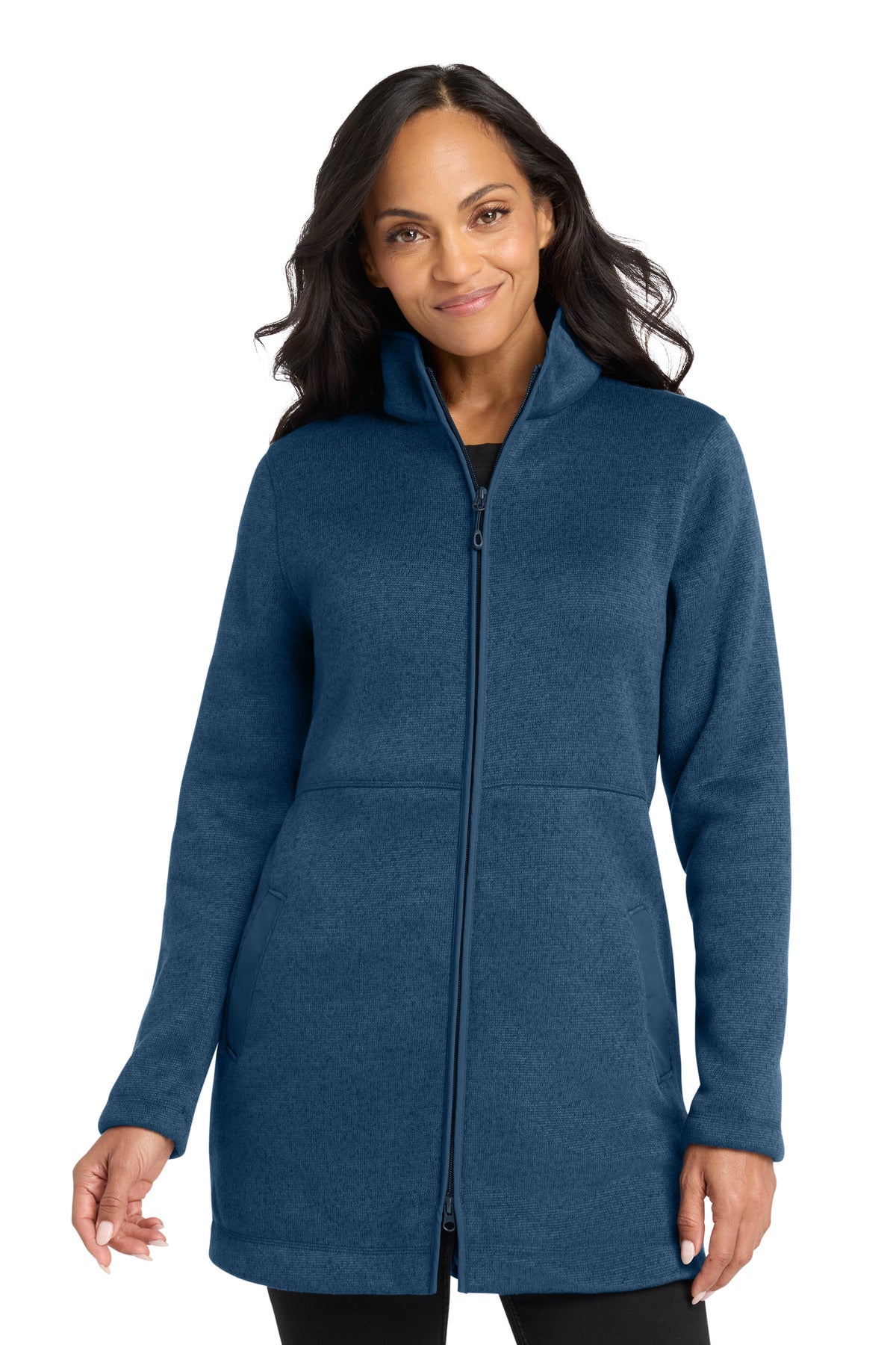 Custom logo Port Authority® Women's Arc Sweater Fleece Long Jacket L425 in Insignia Blue Heather