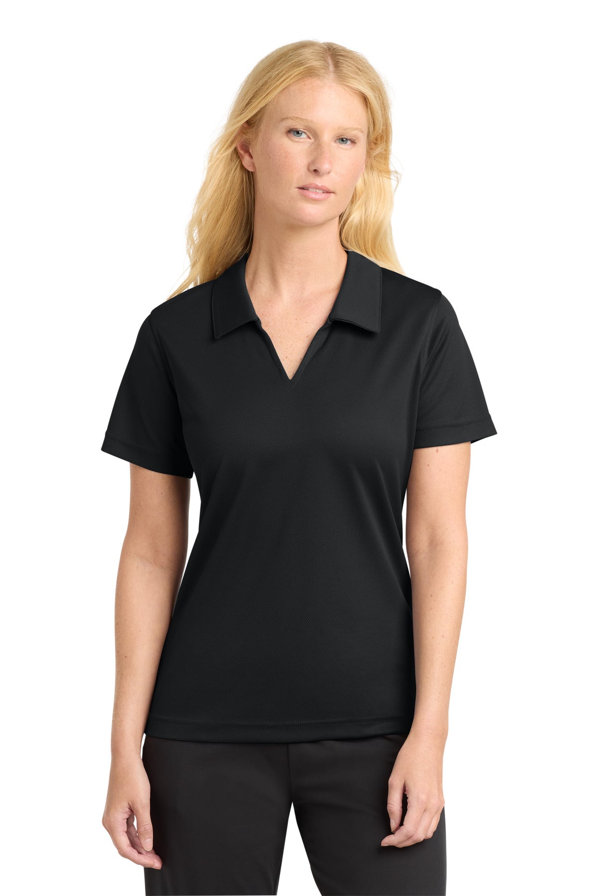 Custom logo Sport-Tek® Women's Dri-Mesh® V-Neck Polo.  L469 in Black
