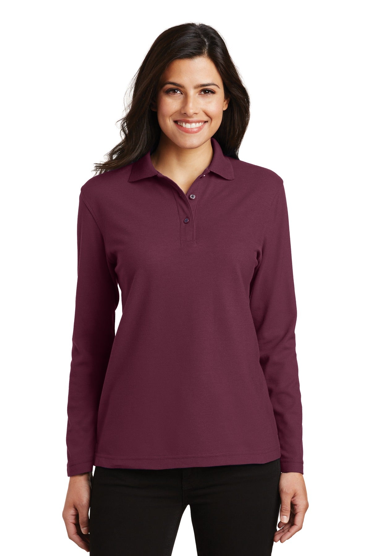 Custom logo Port Authority® Women's Silk Touch™ Long Sleeve Polo.  L500LS in Burgundy
