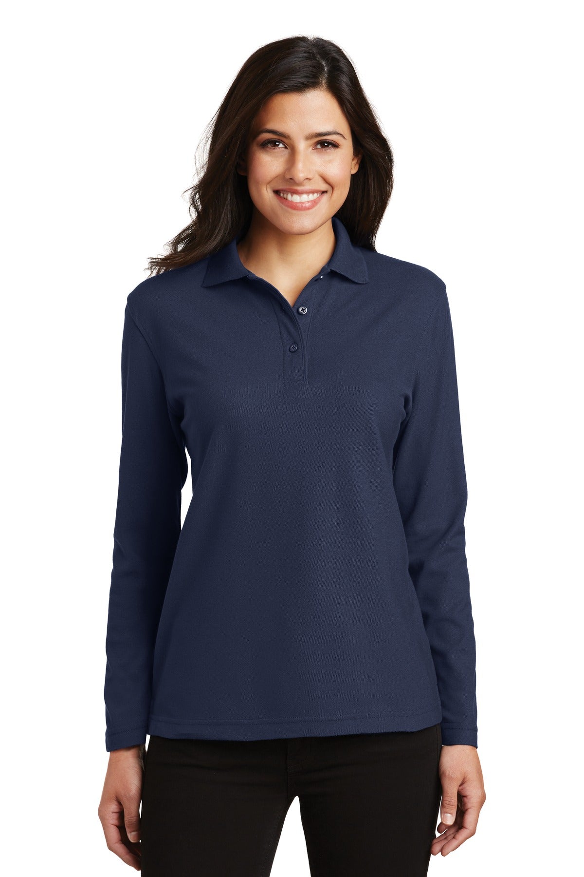 Custom logo Port Authority® Women's Silk Touch™ Long Sleeve Polo.  L500LS in Navy