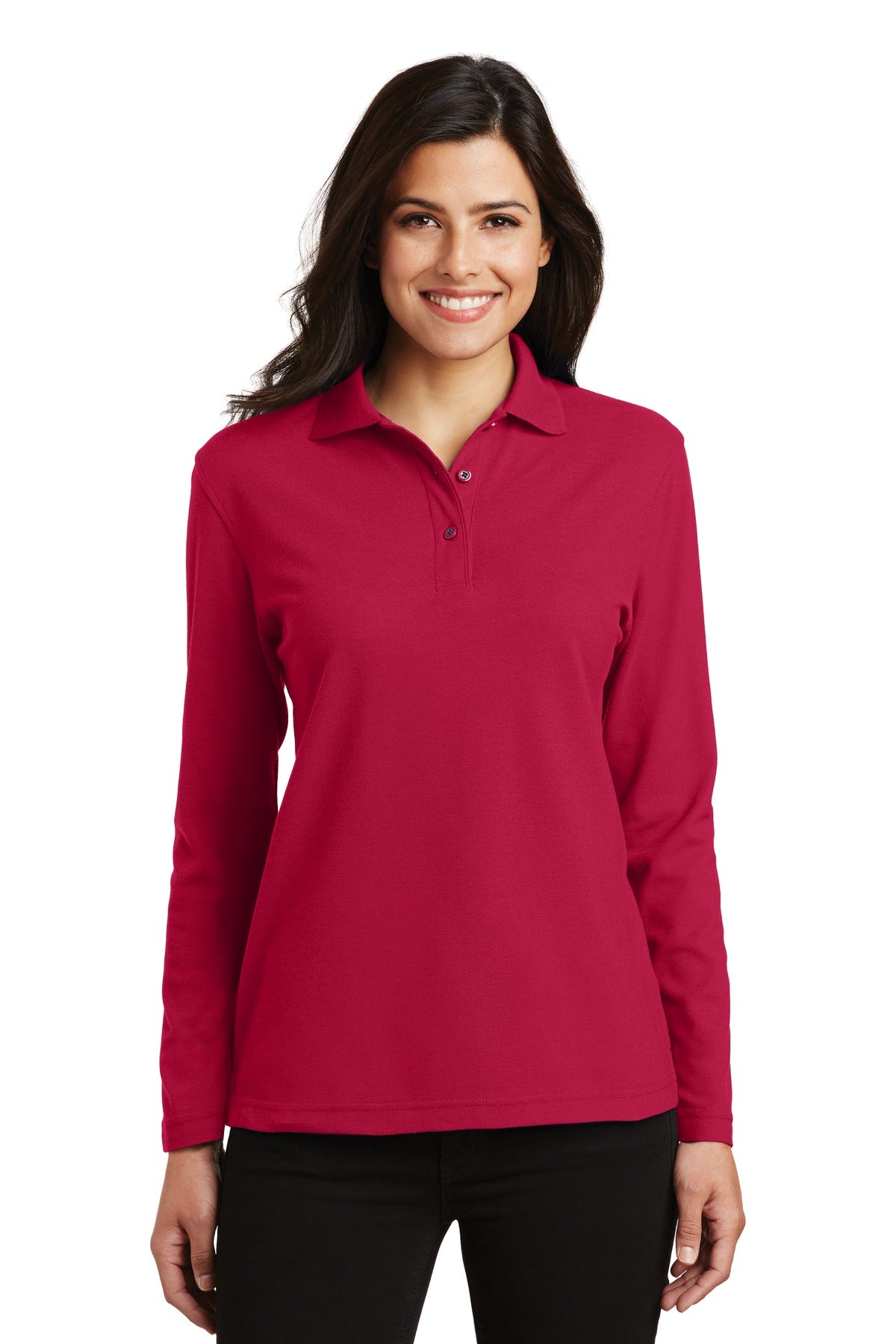 Custom logo Port Authority® Women's Silk Touch™ Long Sleeve Polo.  L500LS in Red