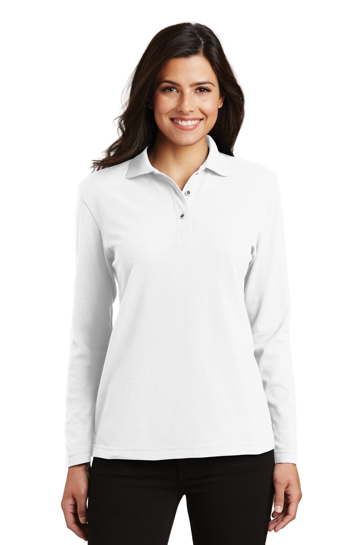 Custom logo Port Authority® Women's Silk Touch™ Long Sleeve Polo.  L500LS in White