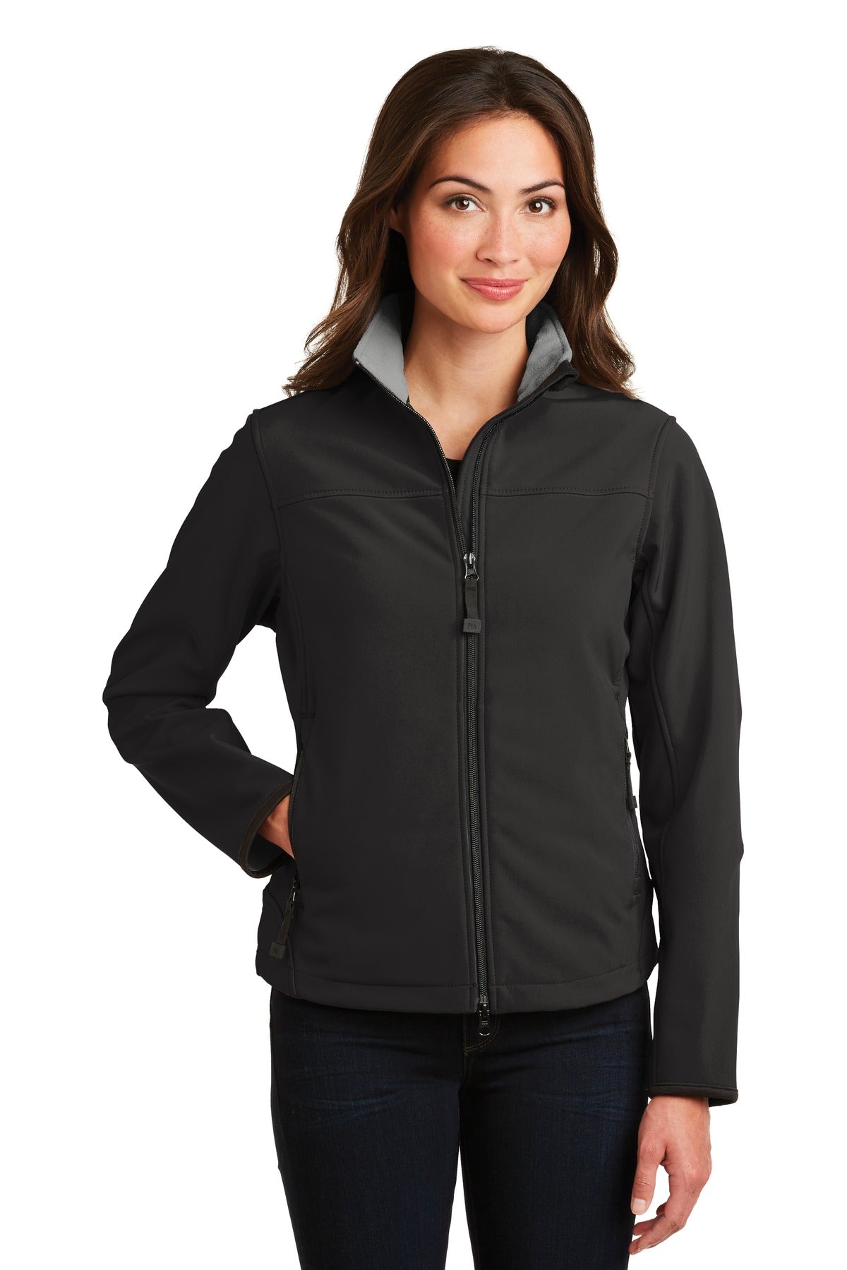Custom logo Port Authority® Women's Glacier® Soft Shell Jacket.  L790 in Black/ Chrome