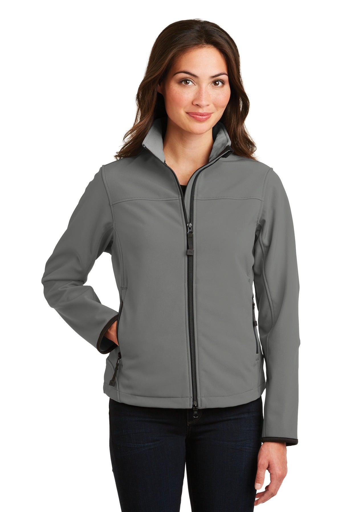 Custom logo Port Authority® Women's Glacier® Soft Shell Jacket.  L790 in Smoke Grey/ Chrome