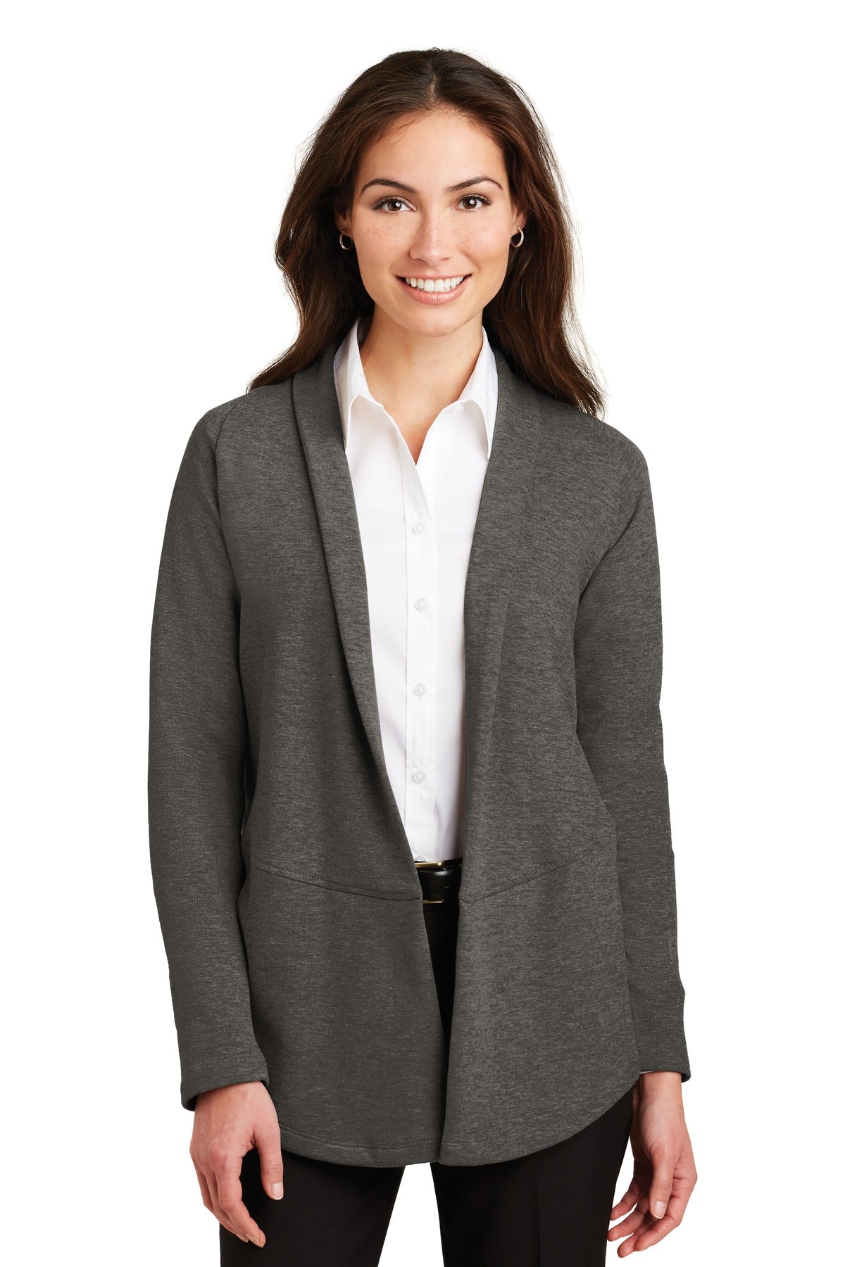 Custom logo Port Authority® Women's Interlock Cardigan. L807 in Charcoal Heather/ Medium Heather Grey