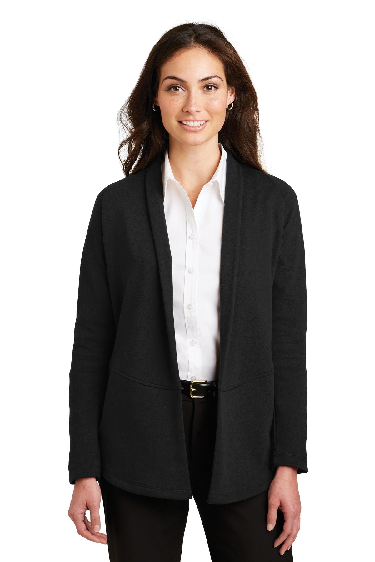 Custom logo Port Authority® Women's Interlock Cardigan. L807 in Deep Black/ Charcoal Heather