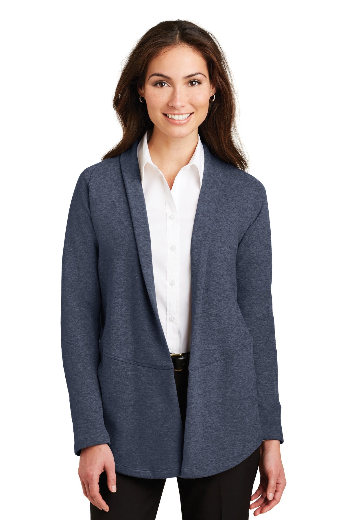 Custom logo Port Authority® Women's Interlock Cardigan. L807 in Estate Blue Heather/ Charcoal Heather