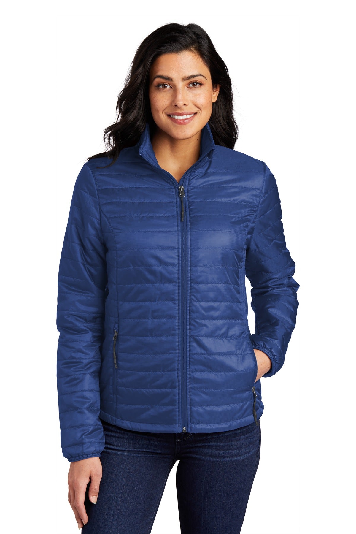 Custom logo Port Authority® Women's Packable Puffy Jacket L850 in Cobalt Blue