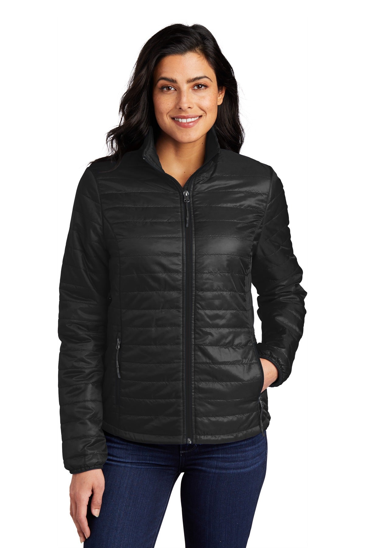 Custom logo Port Authority® Women's Packable Puffy Jacket L850 in Deep Black