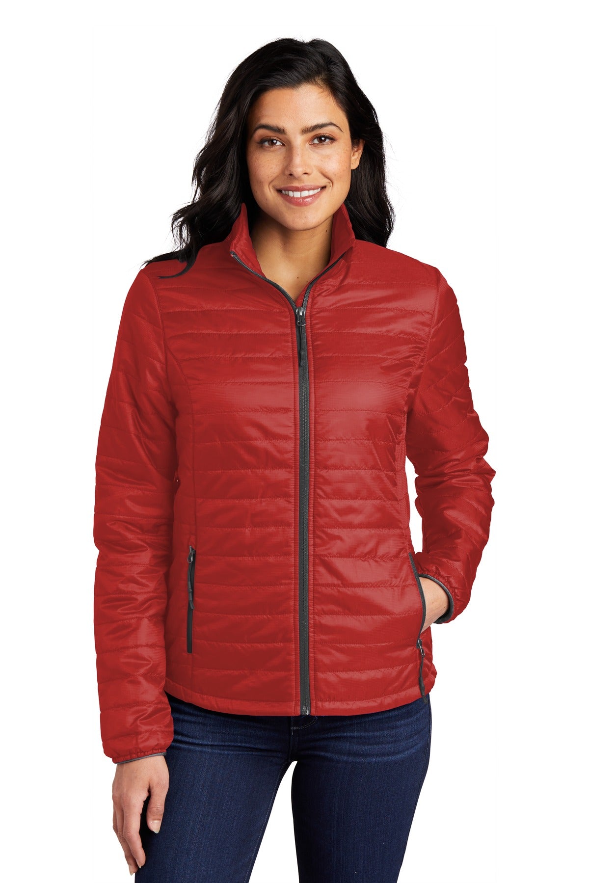 Custom logo Port Authority® Women's Packable Puffy Jacket L850 in Fire Red/ Graphite