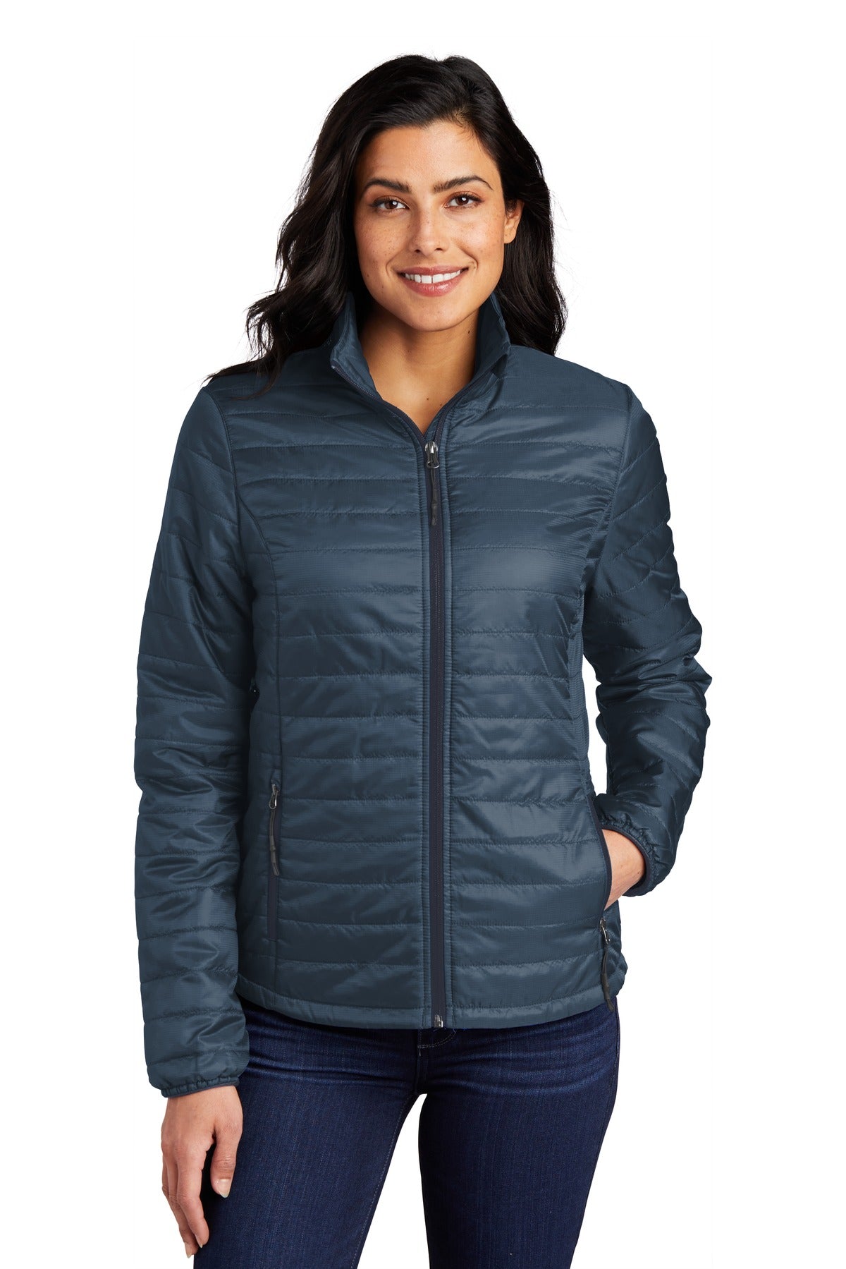 Custom logo Port Authority® Women's Packable Puffy Jacket L850 in Regatta Blue/ River Blue Navy