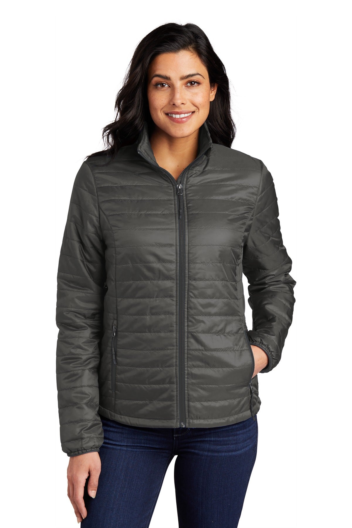 Custom logo Port Authority® Women's Packable Puffy Jacket L850 in Sterling Grey/ Graphite