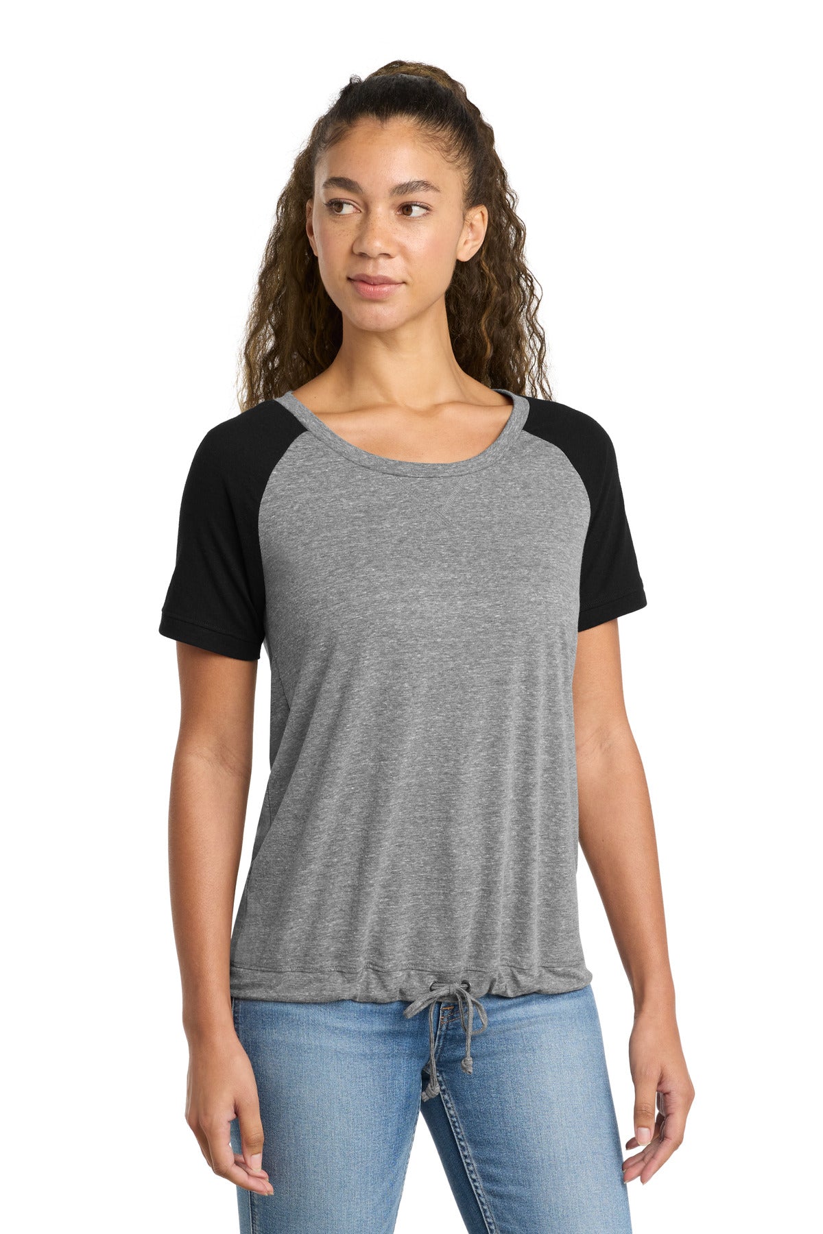 Custom logo New Era ® Women's Tri-Blend Performance Cinch Tee. LNEA133 in Shadow Grey/ Black