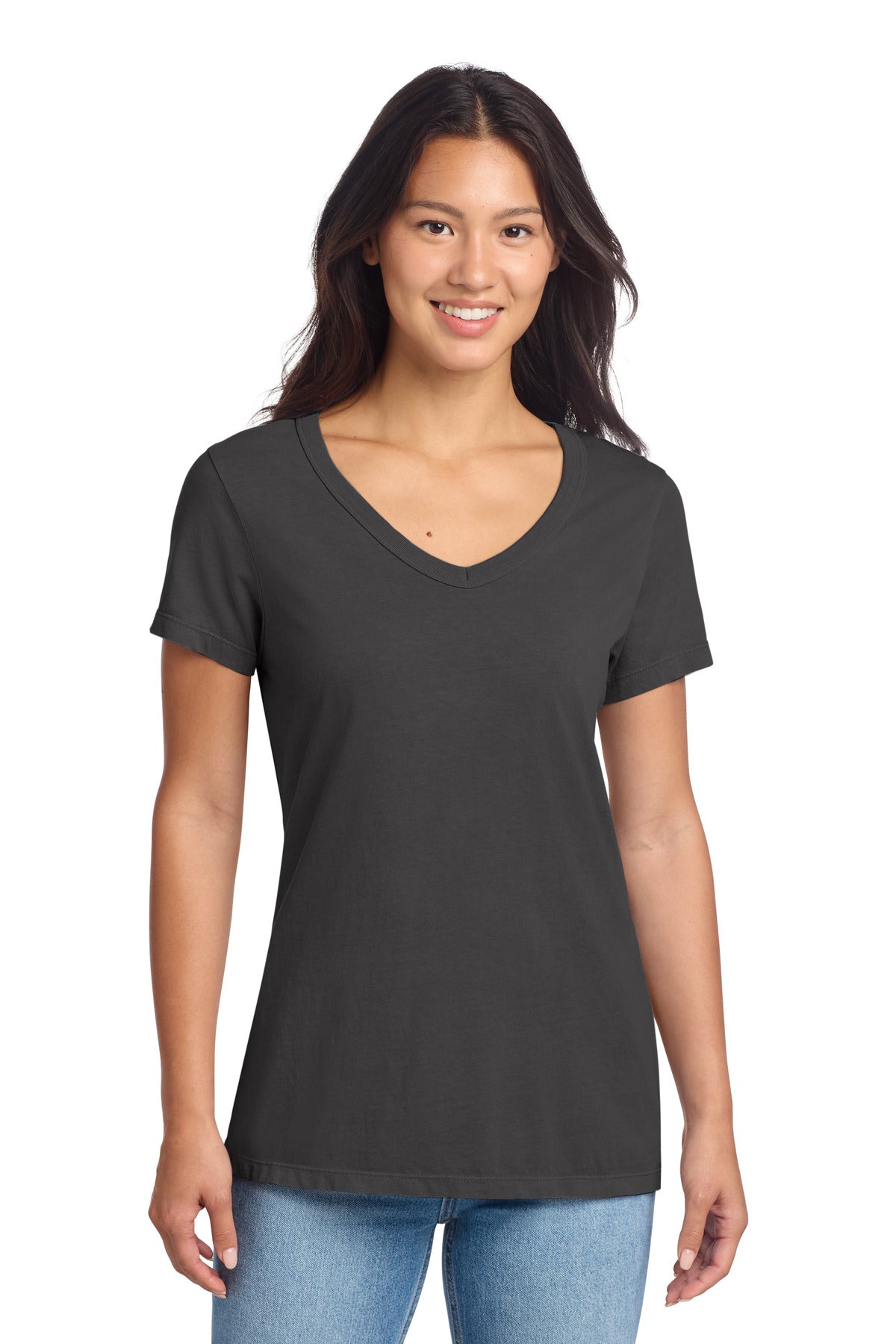 Custom logo Port & Co® Women's Beach Wash® Garment-Dyed V-Neck Tee LPC099V in Coal
