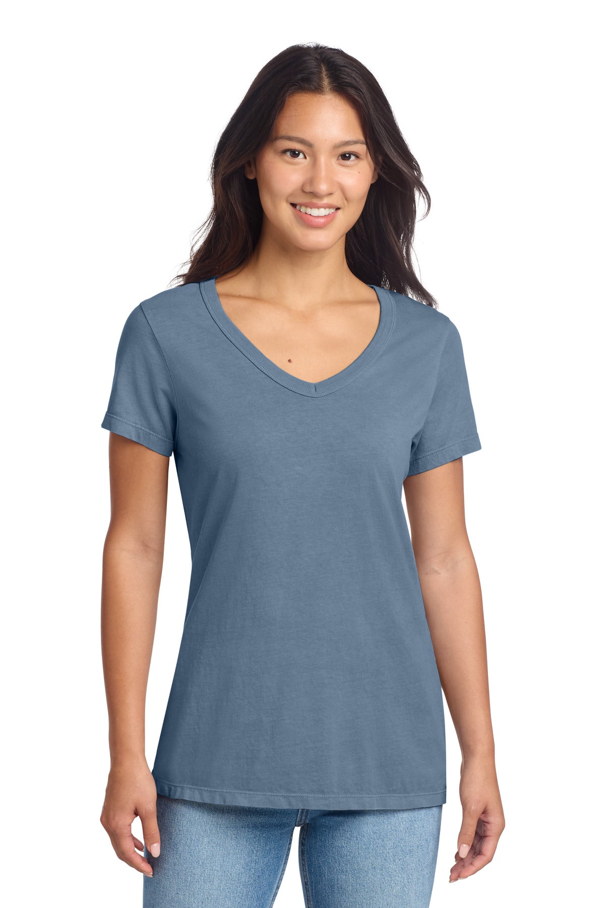 Custom logo Port & Co® Women's Beach Wash® Garment-Dyed V-Neck Tee LPC099V in Faded Denim