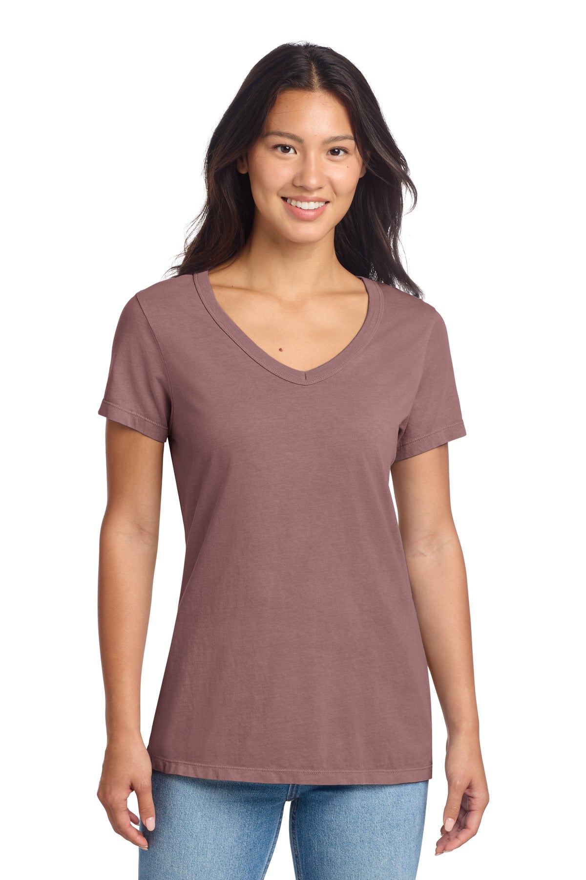 Custom logo Port & Co® Women's Beach Wash® Garment-Dyed V-Neck Tee LPC099V in Nostalgia Rose