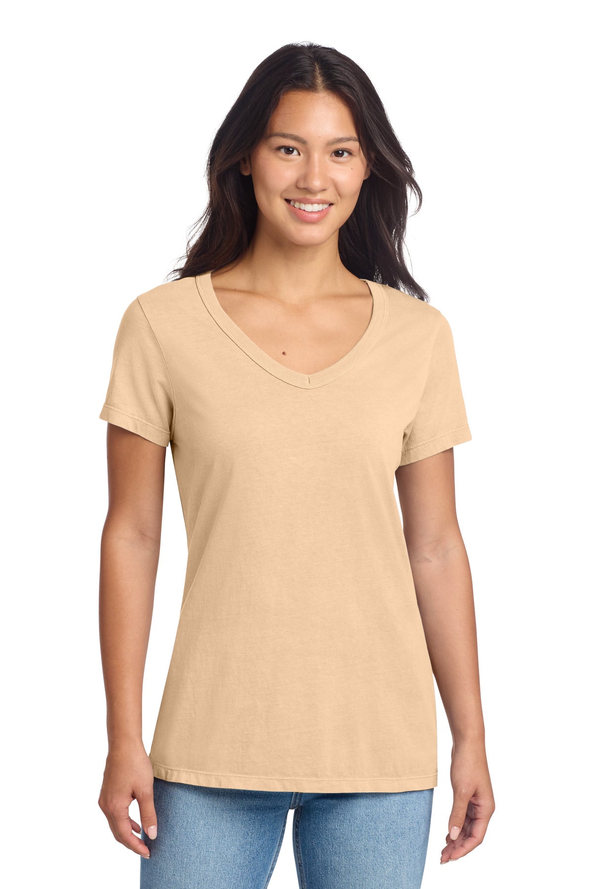 Custom logo Port & Co® Women's Beach Wash® Garment-Dyed V-Neck Tee LPC099V in Peach