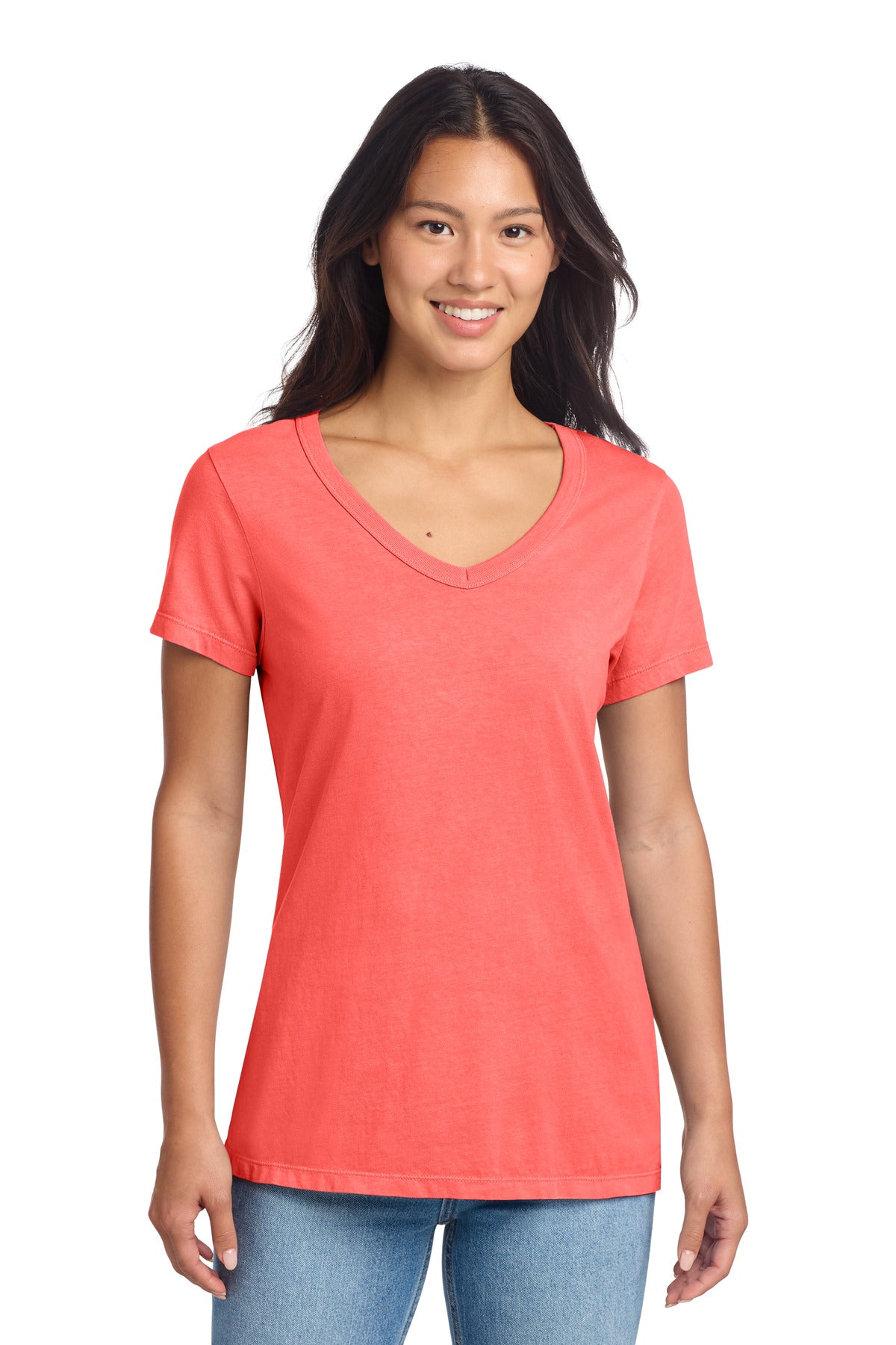 Custom logo Port & Co® Women's Beach Wash® Garment-Dyed V-Neck Tee LPC099V in Poppy