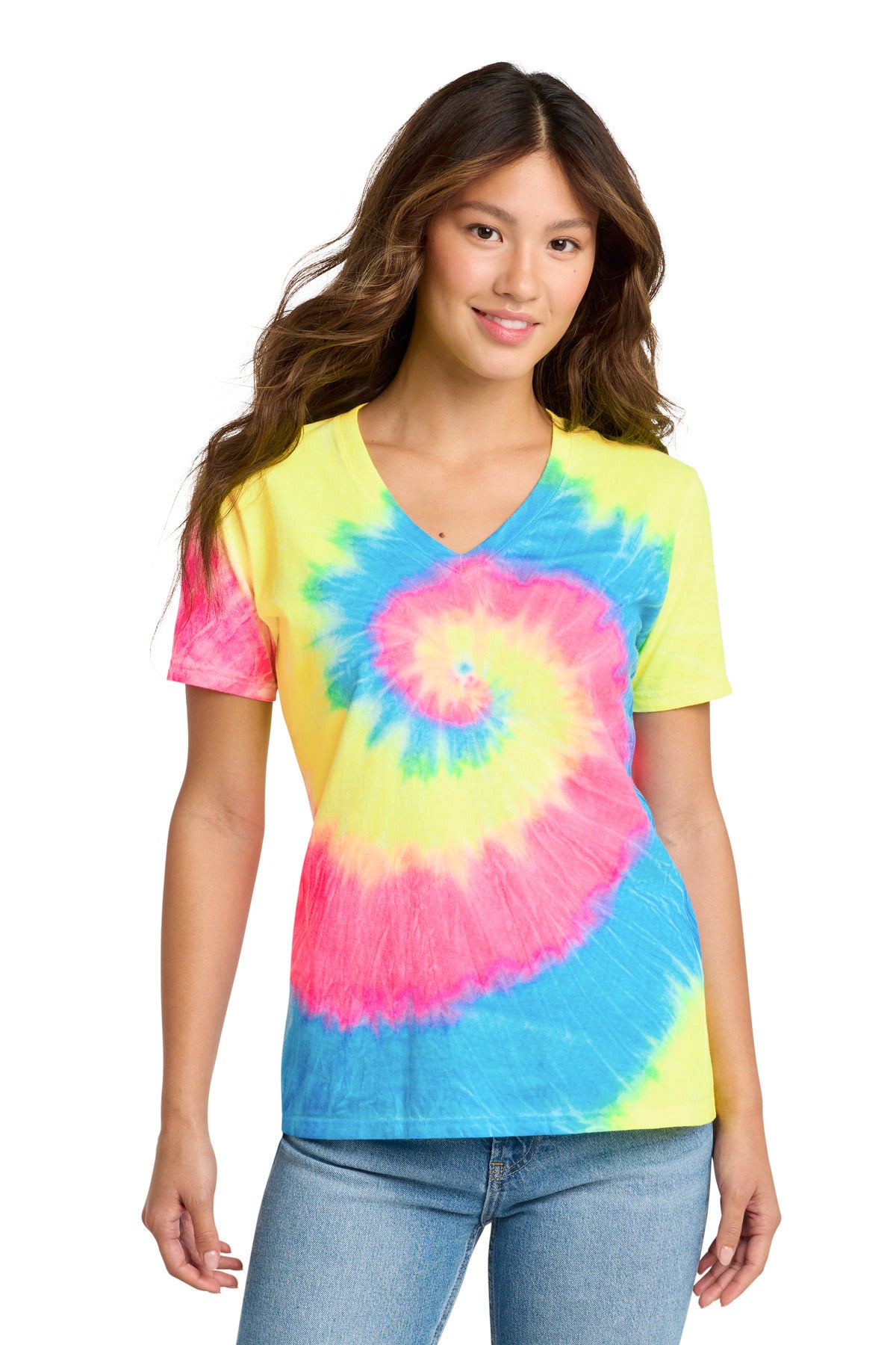Custom logo Port & Co® Women's Tie-Dye V-Neck Tee.  LPC147V in Neon Rainbow