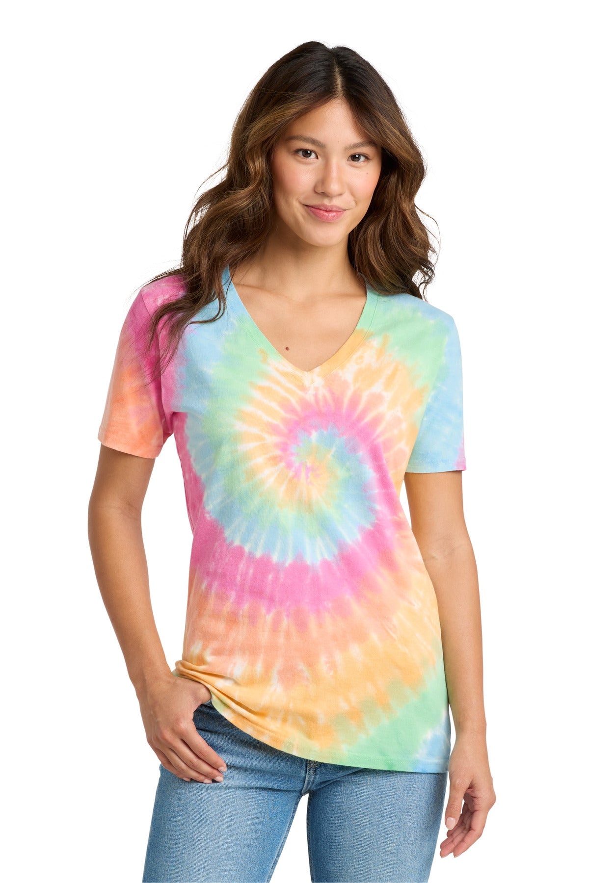 Custom logo Port & Co® Women's Tie-Dye V-Neck Tee.  LPC147V in Pastel Rainbow