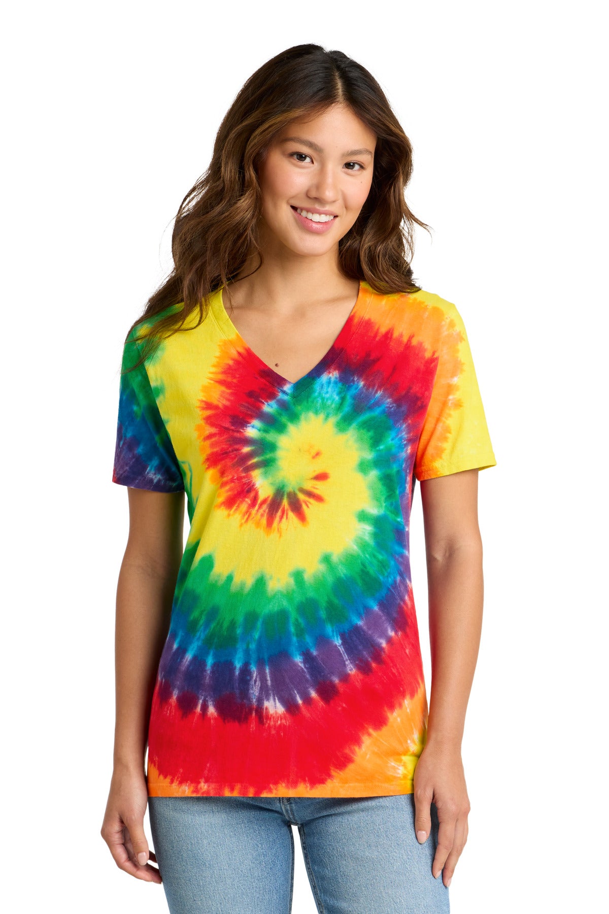 Custom logo Port & Co® Women's Tie-Dye V-Neck Tee.  LPC147V in Rainbow