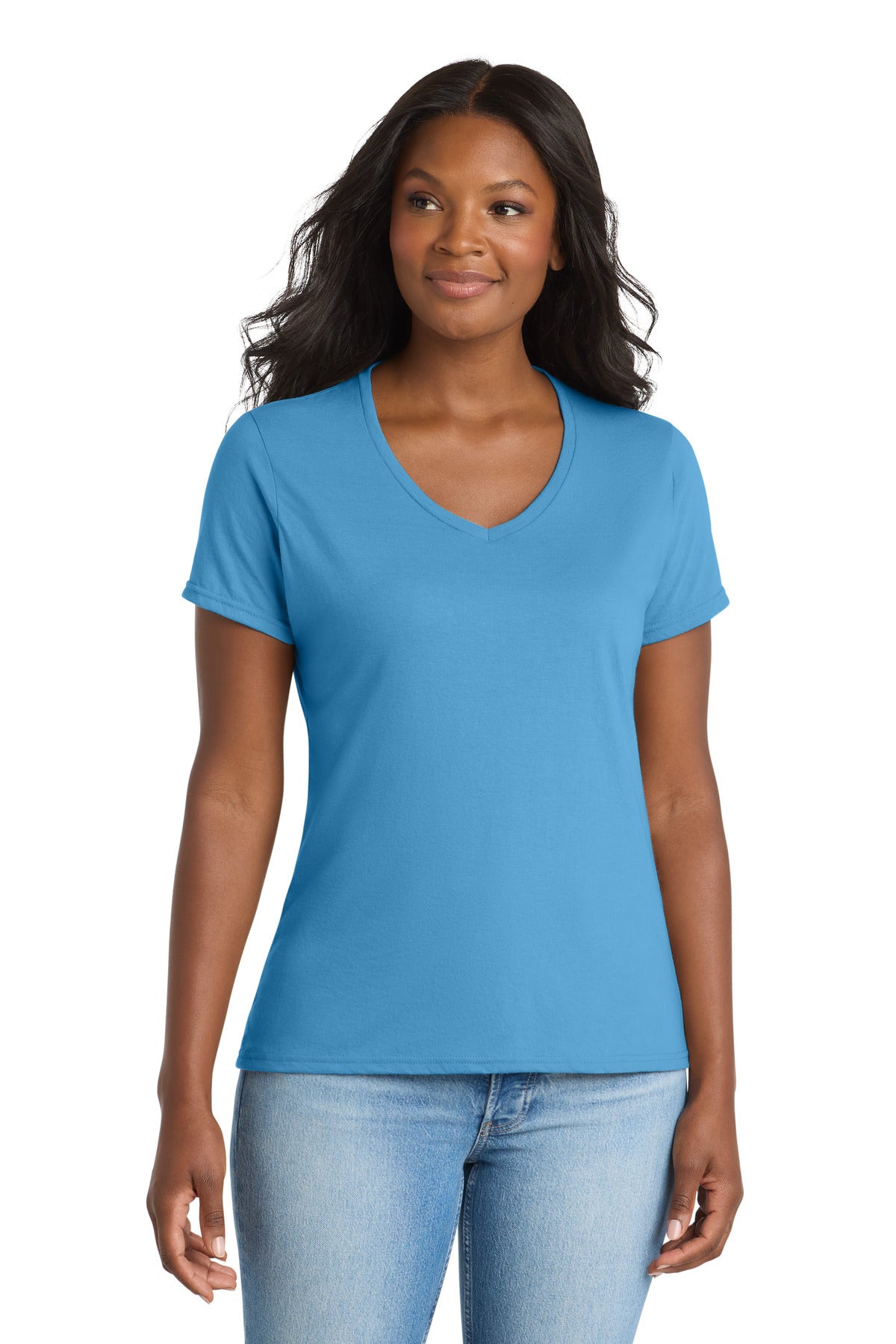 Custom logo Port & Co® Women's Performance Blend V-Neck Tee. LPC381V in Aquatic Blue