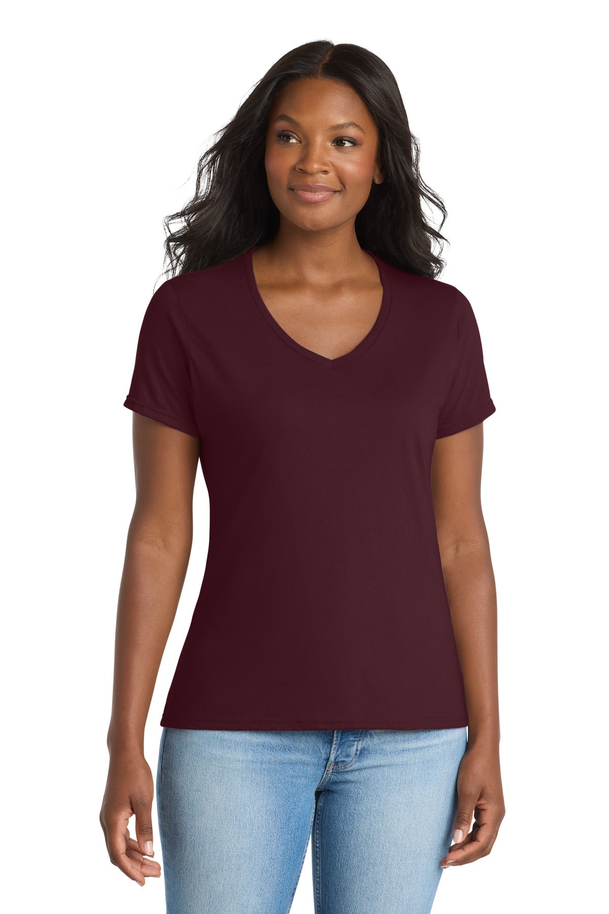 Custom logo Port & Co® Women's Performance Blend V-Neck Tee. LPC381V in Athletic Maroon