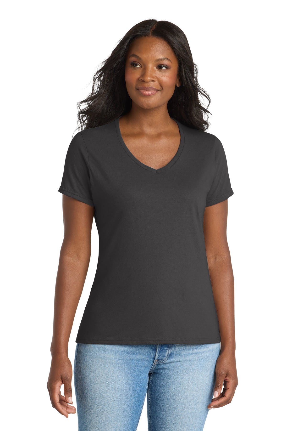 Custom logo Port & Co® Women's Performance Blend V-Neck Tee. LPC381V in Charcoal