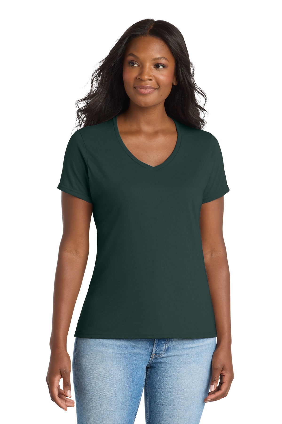 Custom logo Port & Co® Women's Performance Blend V-Neck Tee. LPC381V in Dark Green