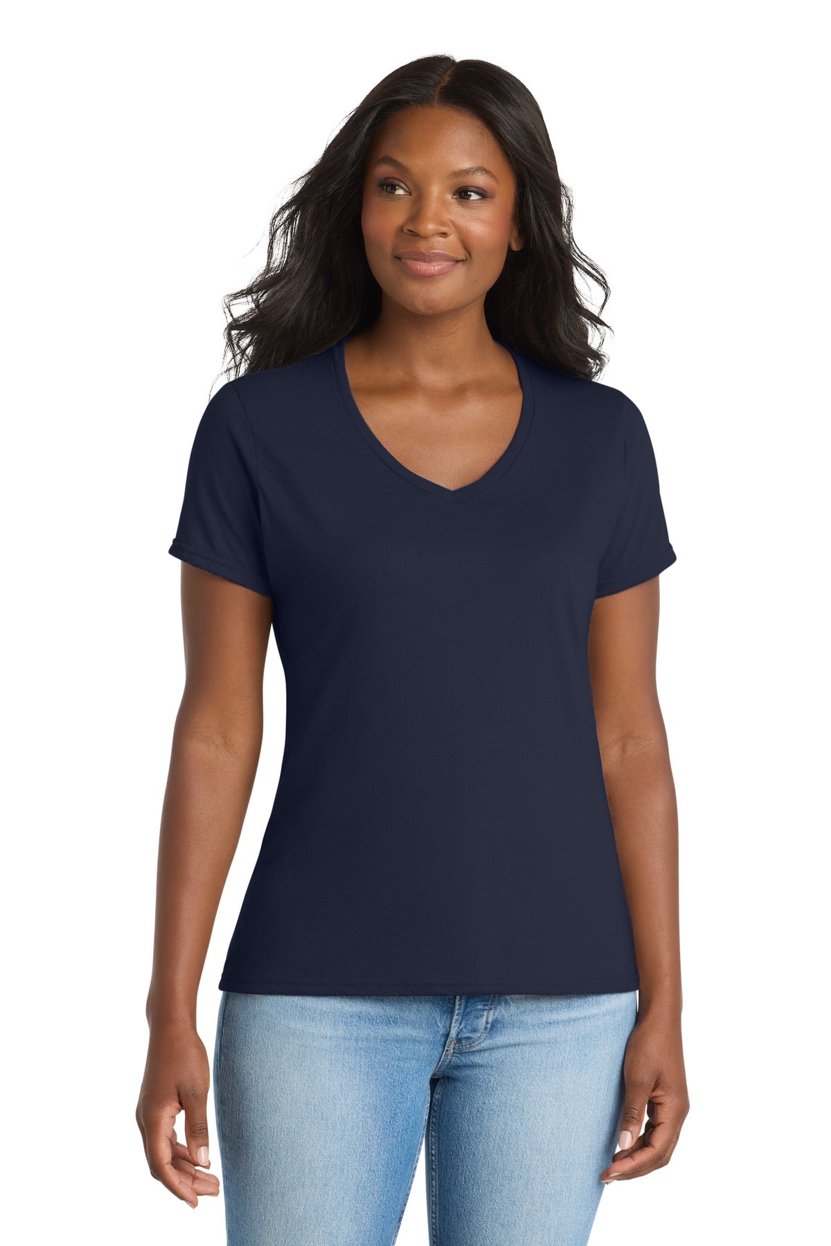 Custom logo Port & Co® Women's Performance Blend V-Neck Tee. LPC381V in Deep Navy
